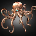 Decorative Detailed Copper Octopus Sculpture With Curled Tentacles And Green Eyes