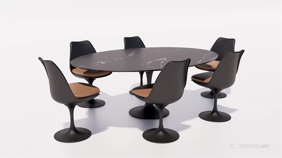 Modern Dining Table Set with Round Marble Top Black Chairs Brown Seat Cushions 3d model 
