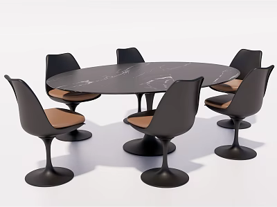 Modern Dining Table Set with Round Marble Top Black Chairs Brown Seat Cushions 3d model