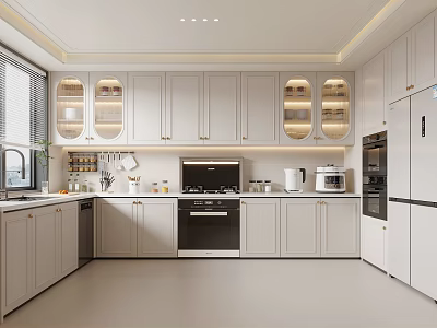 Modern Spacious Kitchen Interior Featuring White Cabinets Built in Appliances And Light Countertop 3d model
