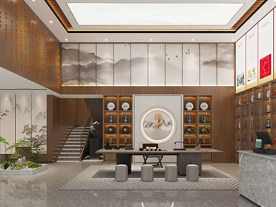 Modern Chinese Teahouse Interior Featuring Landscape Paintings Circular Decor Tea Set Shelves And Wooden Walls 3d model