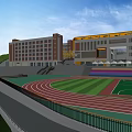 Modern School Building With Multi Story Structure Large Windows And Sports Ground