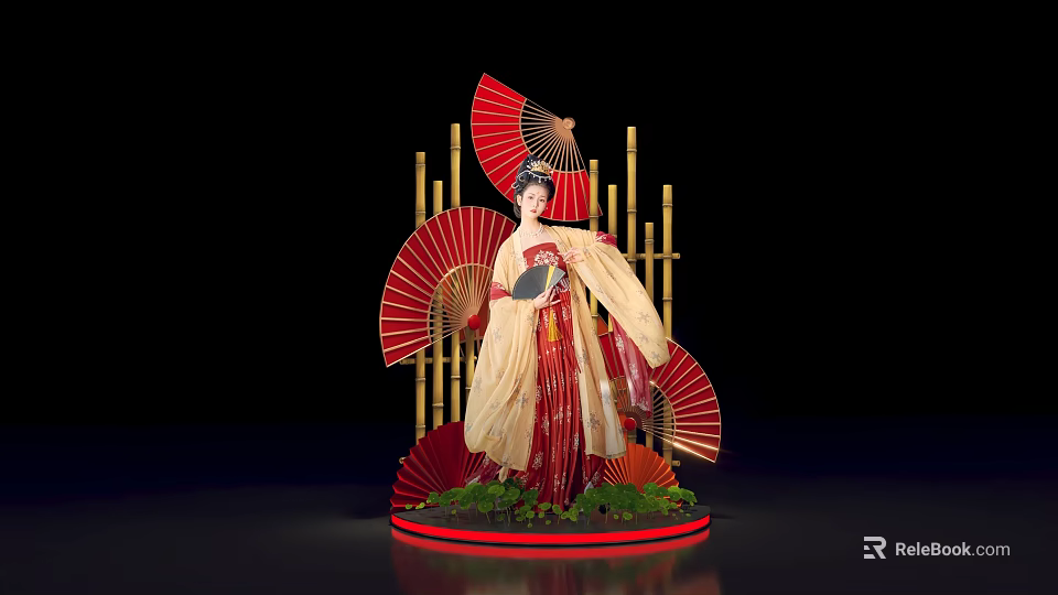 Traditional Female Figure In Red Costume With Bamboo And Decorative Fans 3d model 