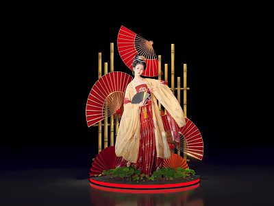 Traditional Female Figure In Red Costume With Bamboo And Decorative Fans 3d model