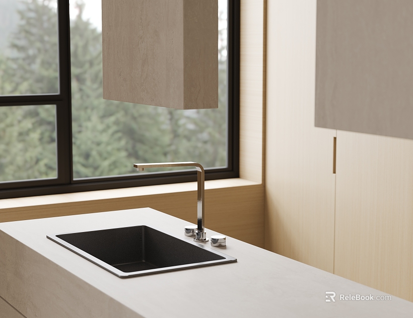Modern Kitchen Sink With Faucet On Countertop By Window With Trees View 3d model 