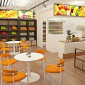 Bright Neat Fruit Store Interior With Fruit Displays And Chairs