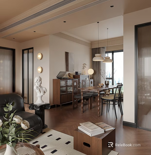 Modern Open Restaurant Interior Design With Dining Table And Stylish Lighting 3d model 