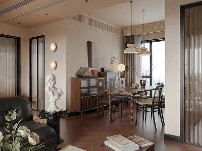 Modern Open Restaurant Interior Design With Dining Table And Stylish Lighting 3d model