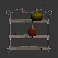 Three Tier Wooden Serving Cart With Metal Frame And Colorful Vases On Wheels