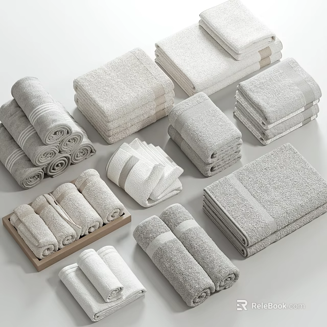 White and Light Gray Towels with Various Folding Styles in Neatly Stacked Arrangement 3d model 