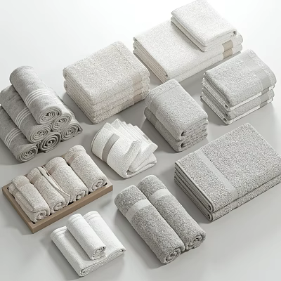 White and Light Gray Towels with Various Folding Styles in Neatly Stacked Arrangement 3d model