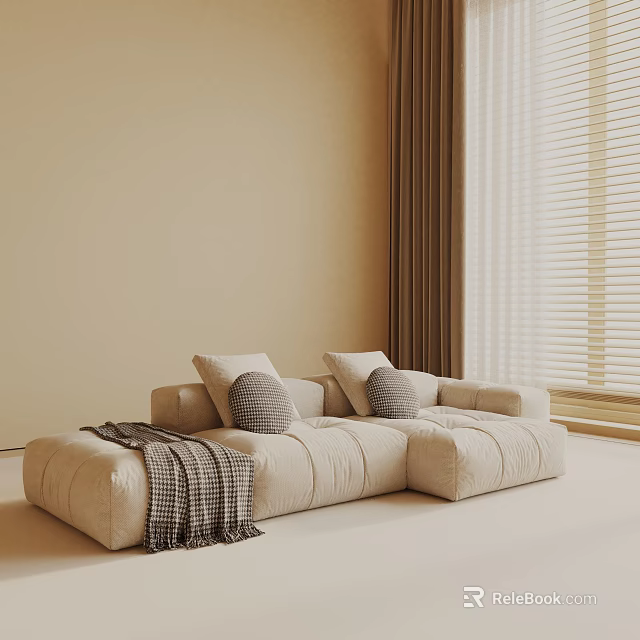 Cozy Beige Three-Seater Sofa With Plush Pillows And Knitted Throw Blanket In Light Room 3d model 