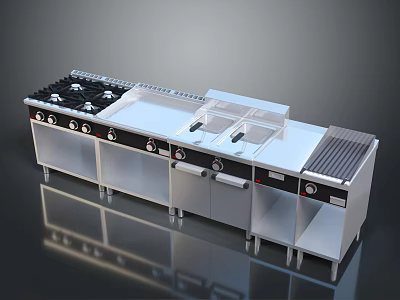 Stainless Steel Modern Kitchen Equipment With Gas Stove Burners Countertop Sink And Grill 3d model