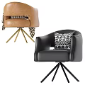 Brown Leather Single Sofa with Plaid Blanket Cushion and Gold Tripod Base