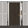 Elegant Dark Hinged Door With Carved Patterns Golden Handle And White Louvered Panels