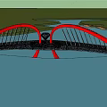 Red Arch Bridge With Modern Cable Structure And Water Reflection By Lake Trees