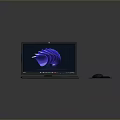 Modern Desktop Computer Setup with Monitor Keyboard Mouse and Screen Displaying Abstract Blue Design