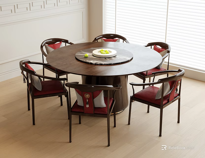 Round Dark Wood Table with Six Chinese Style Chairs Red Cushions White Walls and Blinds 3d model 