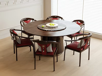 Round Dark Wood Table with Six Chinese Style Chairs Red Cushions White Walls and Blinds 3d model