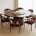Round Dark Wood Table with Six Chinese Style Chairs Red Cushions White Walls and Blinds