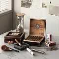 Vintage Decorative Ornament Set With Hourglass Cigar Box Pipe Cigars And Matchbox