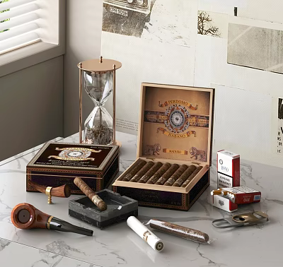 Vintage Decorative Ornament Set With Hourglass Cigar Box Pipe Cigars And Matchbox 3d model