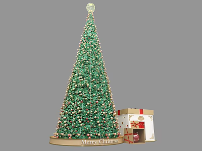 Shopping Mall Lobby Featuring Large Christmas Tree Ornaments Gift Boxes And Merry Christmas Sign 3d model