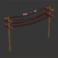 Wooden Electric Poles With Black Wires And Red Blue Birds Standing On