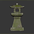 Traditional Stone Lantern Architecture With Moss Covered Surface And Pagoda Roof