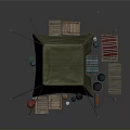 Camping Tent Setup With Green Canopy Buckets Crates Planks And Bottles