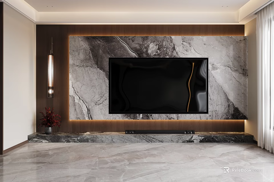 Modern TV Background Wall with Marble Texture Black TV Light Strips and Marble Floor 3d model