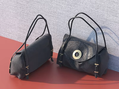 Black Handbags With Round Metal Clasp On Red Surface And Gray Wall Background 3d model