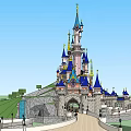 Ancient Architecture Castle With Blue Spires Towers Colorful Decorations And Green Lawns