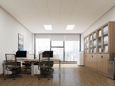 Modern Office Interior Featuring Desks Computers Chairs Large Windows Wooden Cabinets And Flooring 3d model