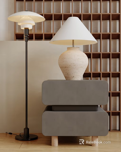 Modern Textured Table Lamp With White Lampshade On Gray Cubic Base And Wooden Bookshelf 3d model 