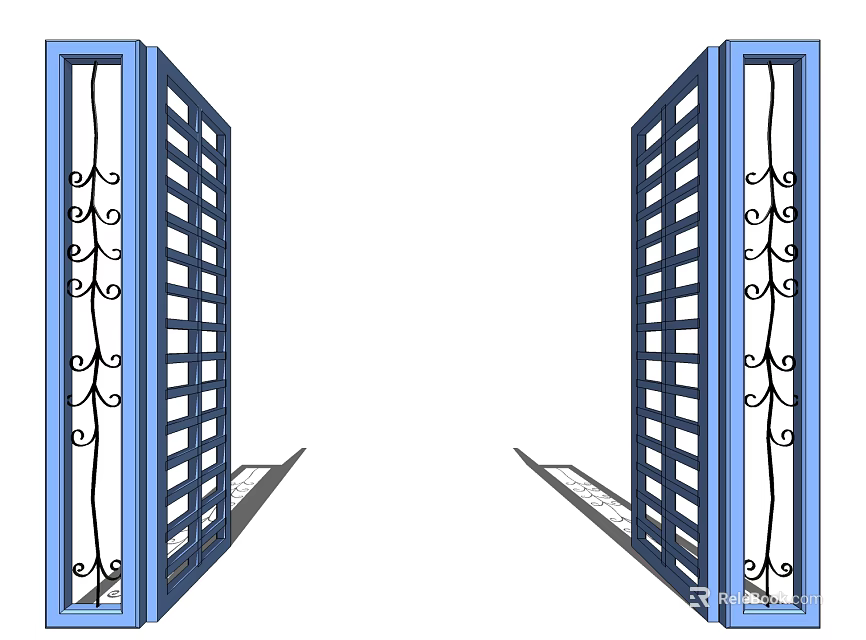 Blue Double Gates With Decorative Grille Patterns And Ornate Frame Design 3d model 