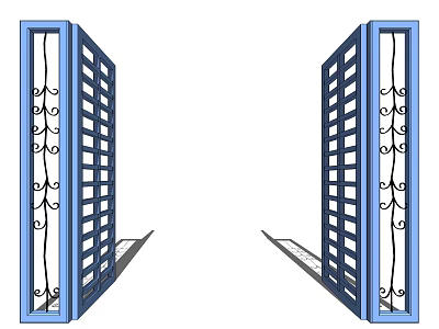 Blue Double Gates With Decorative Grille Patterns And Ornate Frame Design 3d model