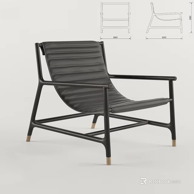 Modern Black Leather Armchair With Metal Frame And Wooden Legs Design 3d model 