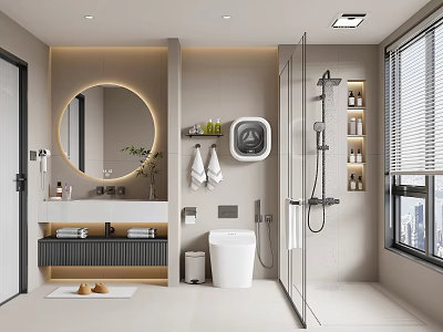 Modern Bathroom Interior With Round Backlit Mirror Vanity Towels Toilet Glass Shower Enclosure And Shelves 3d model