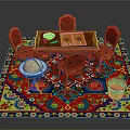 Traditional Wooden Dining Table With Carved Chairs Colorful Patterned Rug And Small Side Table