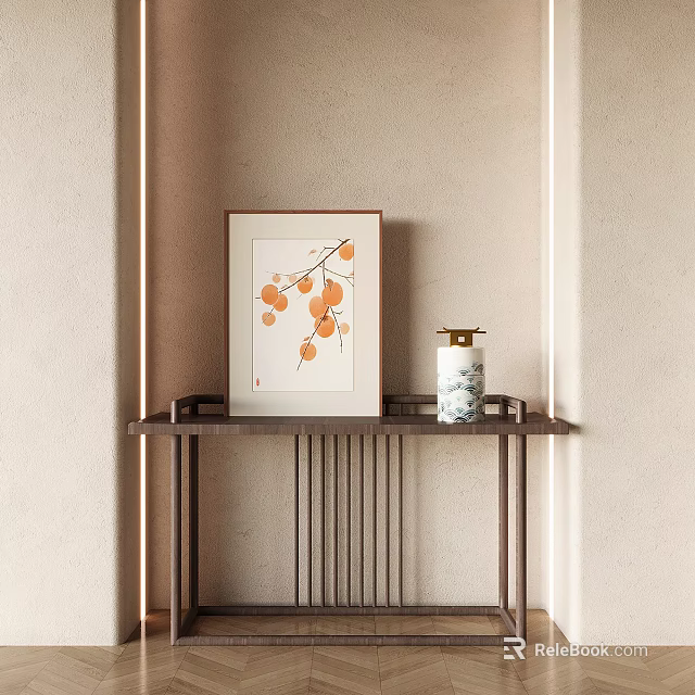 Chinese Style Console Table with Persimmon Branch Painting and Decorative Vase in Light Wall Background 3d model 
