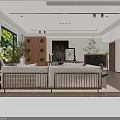 Modern Living and Dining Room Interior With Sofa Bookshelf And Floor to Ceiling Windows