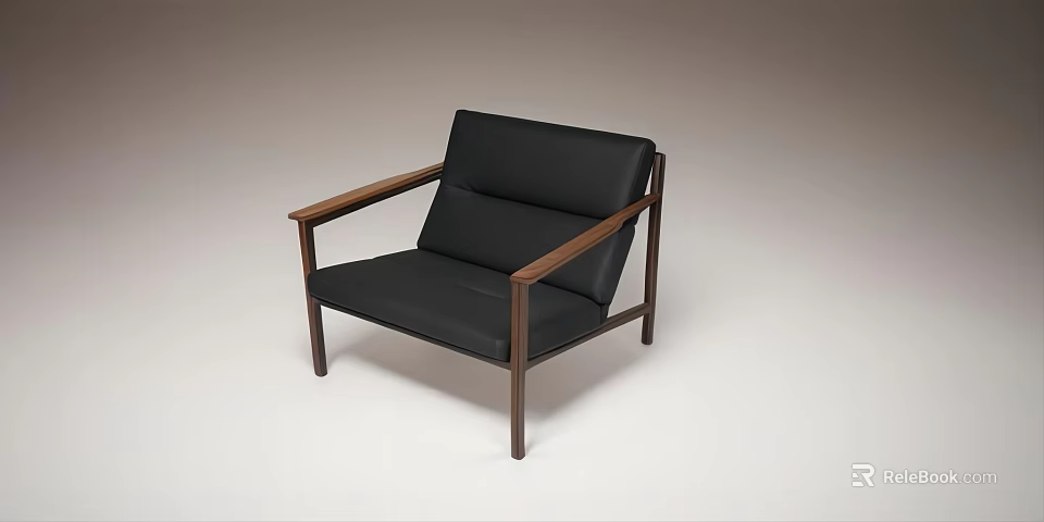 Black Leather Leisure Chair With Wooden Armrests And Modern Minimalist Design 3d model 