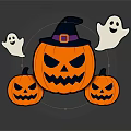 Halloween Decorative Scene Featuring Large Pumpkin Witch Hat Small Pumpkins Ghosts And Circular Dark Board 3d model