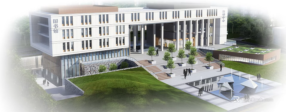 Modern School Building With White Exterior Large Windows Green Lawn Steps Trees And People Walking 3d model 