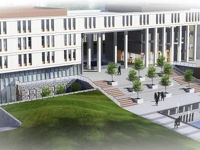 Modern School Building With White Exterior Large Windows Green Lawn Steps Trees And People Walking 3d model