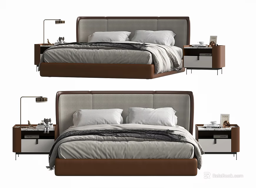 Modern Double Bed With Brown Headboard Gray White Bedding And Nightstand Lamps 3d model