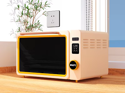 Cream Colored Microwave With Yellow Trim On Wooden Kitchen Countertop Near Potted Plant 3d model