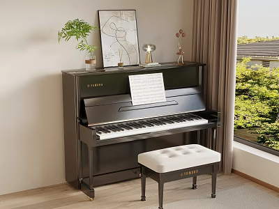 Piano Room With Black Yamaha Piano Music Sheet White Stool Green Plant And Scenic Window 3d model