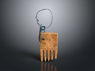 Handcrafted Wooden Comb Shaped Carving With Intricate Metal Hook And Textured Surface Design 3d model